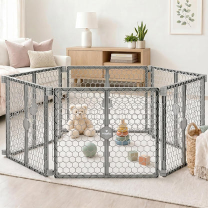 Safety 192" Plastic Super Wide Baby Gate & Play Yard with Door | Adjustable Playpen, For Doorways & Open Spaces, For Babies, Toddlers & Pets, Brown, Tested & Trusted for 30 Years