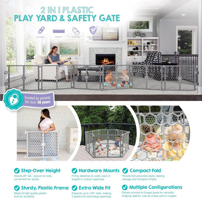 Safety 192" Plastic Super Wide Baby Gate & Play Yard with Door | Adjustable Playpen, For Doorways & Open Spaces, For Babies, Toddlers & Pets, Brown, Tested & Trusted for 30 Years