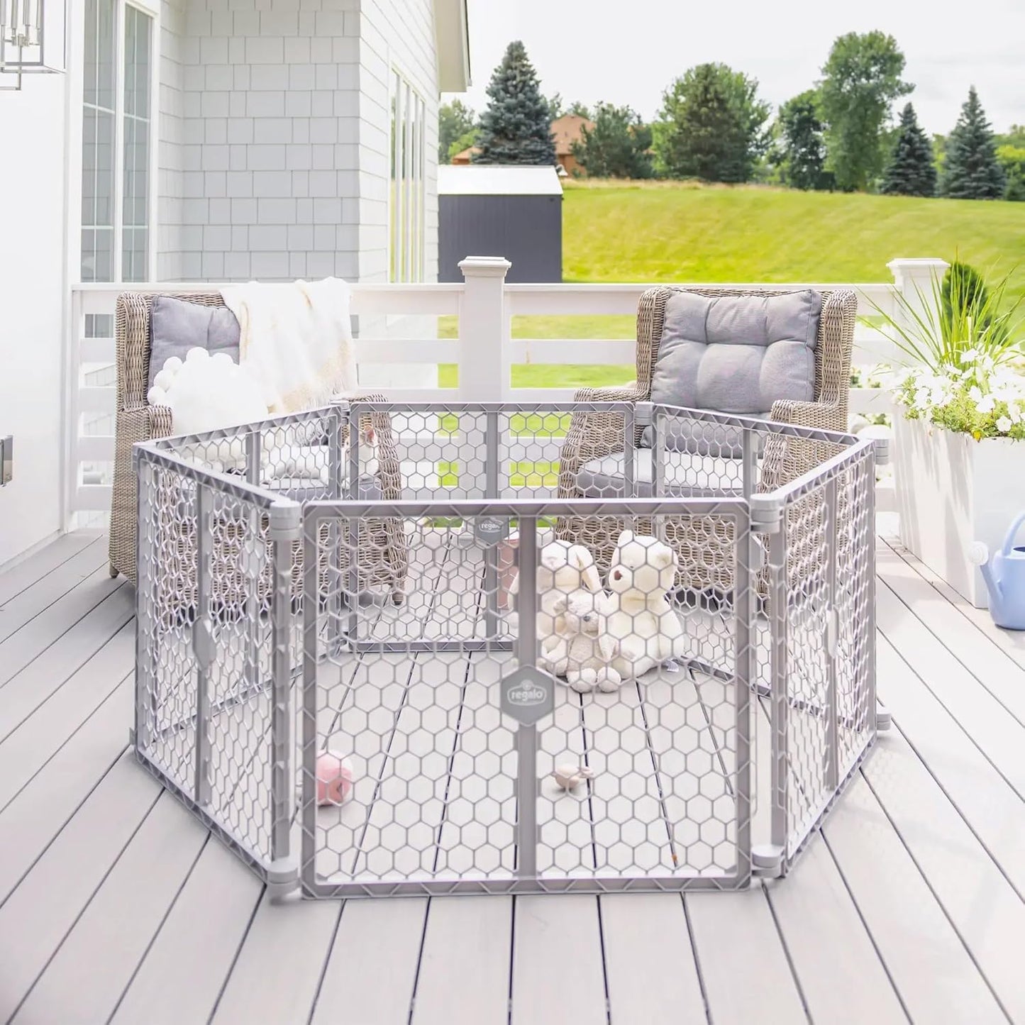 Safety 192" Plastic Super Wide Baby Gate & Play Yard with Door | Adjustable Playpen, For Doorways & Open Spaces, For Babies, Toddlers & Pets, Brown, Tested & Trusted for 30 Years