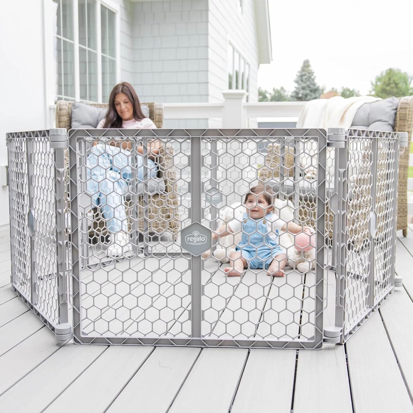 Safety 192" Plastic Super Wide Baby Gate & Play Yard with Door | Adjustable Playpen, For Doorways & Open Spaces, For Babies, Toddlers & Pets, Brown, Tested & Trusted for 30 Years