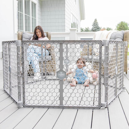Safety 192" Plastic Super Wide Baby Gate & Play Yard with Door | Adjustable Playpen, For Doorways & Open Spaces, For Babies, Toddlers & Pets, Brown, Tested & Trusted for 30 Years