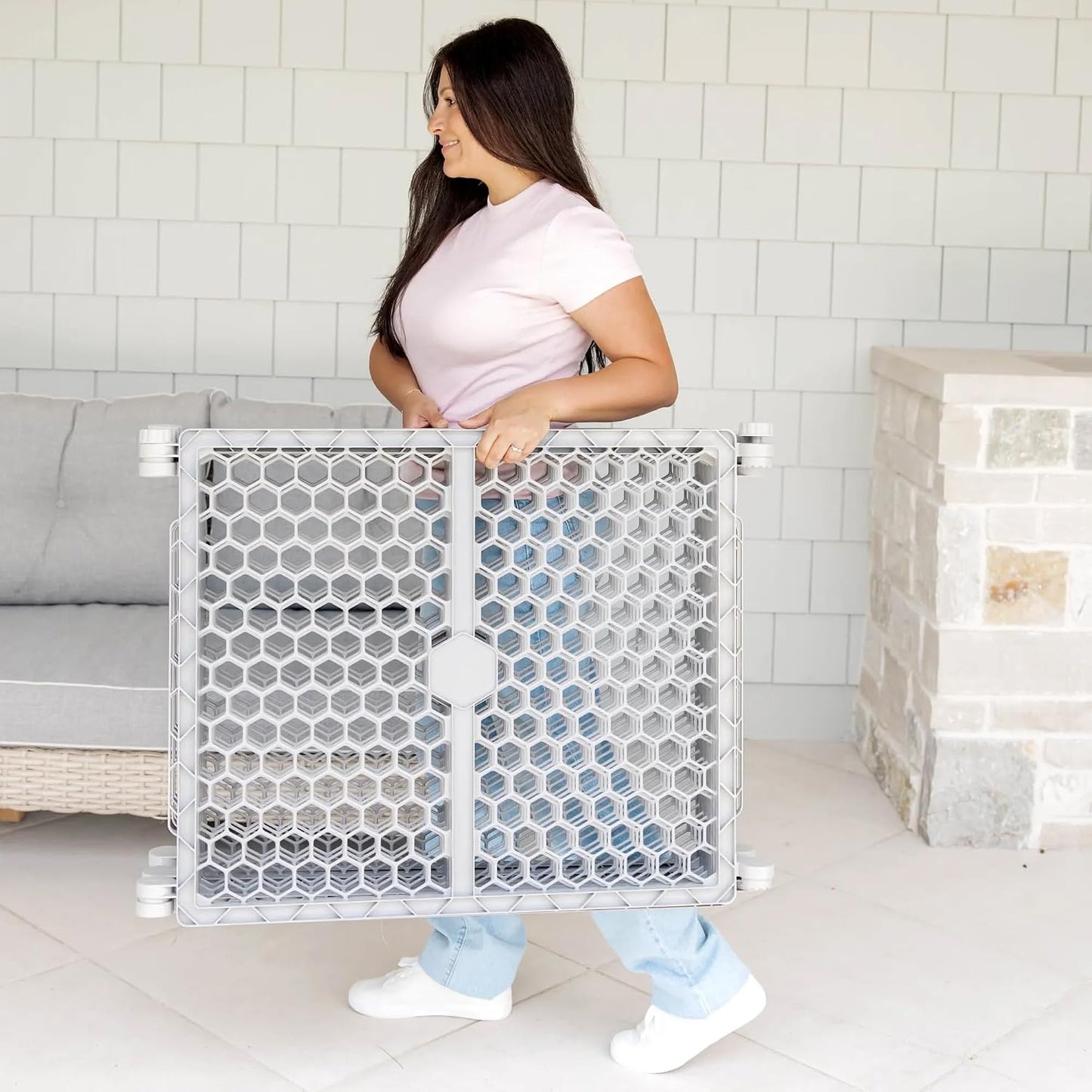 Safety 192" Plastic Super Wide Baby Gate & Play Yard with Door | Adjustable Playpen, For Doorways & Open Spaces, For Babies, Toddlers & Pets, Brown, Tested & Trusted for 30 Years