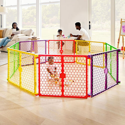 Safety 192" Plastic Super Wide Baby Gate & Play Yard with Door | Adjustable Playpen, For Doorways & Open Spaces, For Babies, Toddlers & Pets, Brown, Tested & Trusted for 30 Years