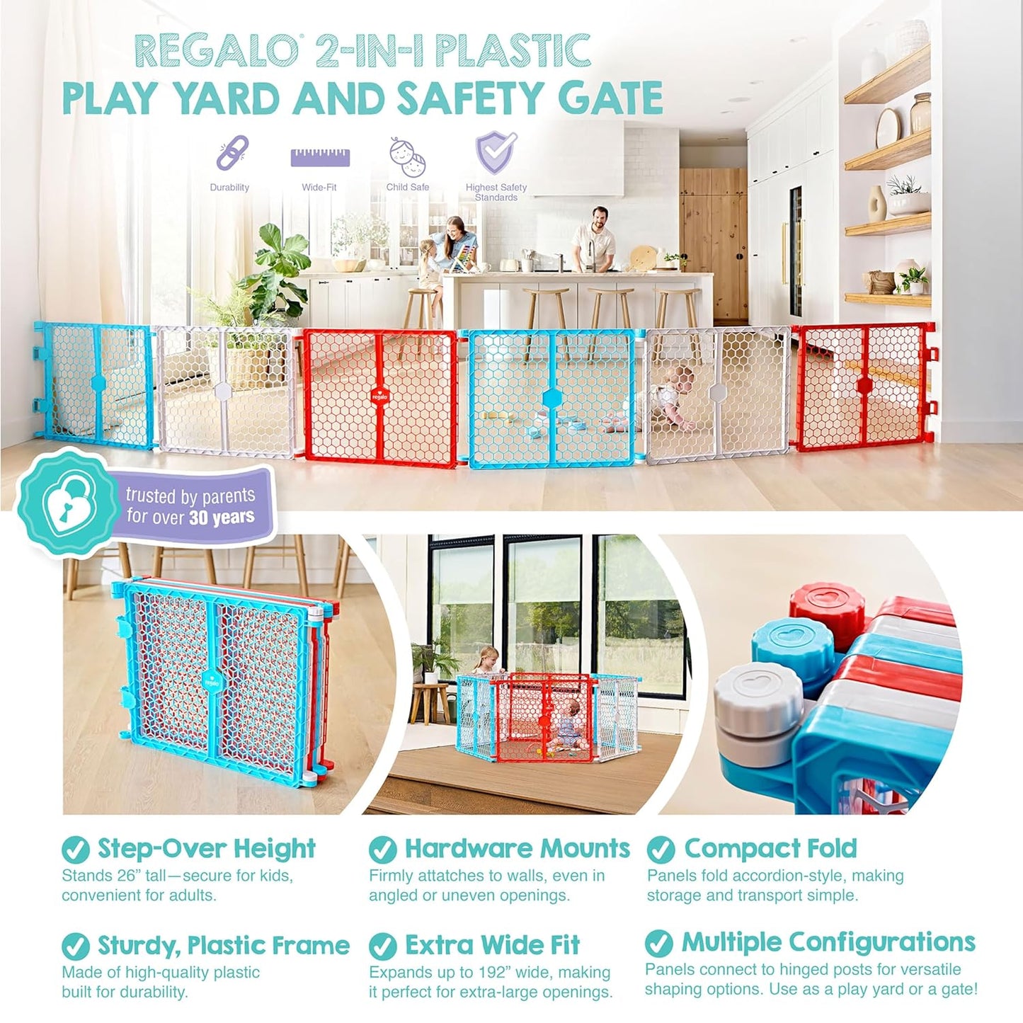 Safety 192" Plastic Super Wide Baby Gate & Play Yard with Door | Adjustable Playpen, For Doorways & Open Spaces, For Babies, Toddlers & Pets, Brown, Tested & Trusted for 30 Years