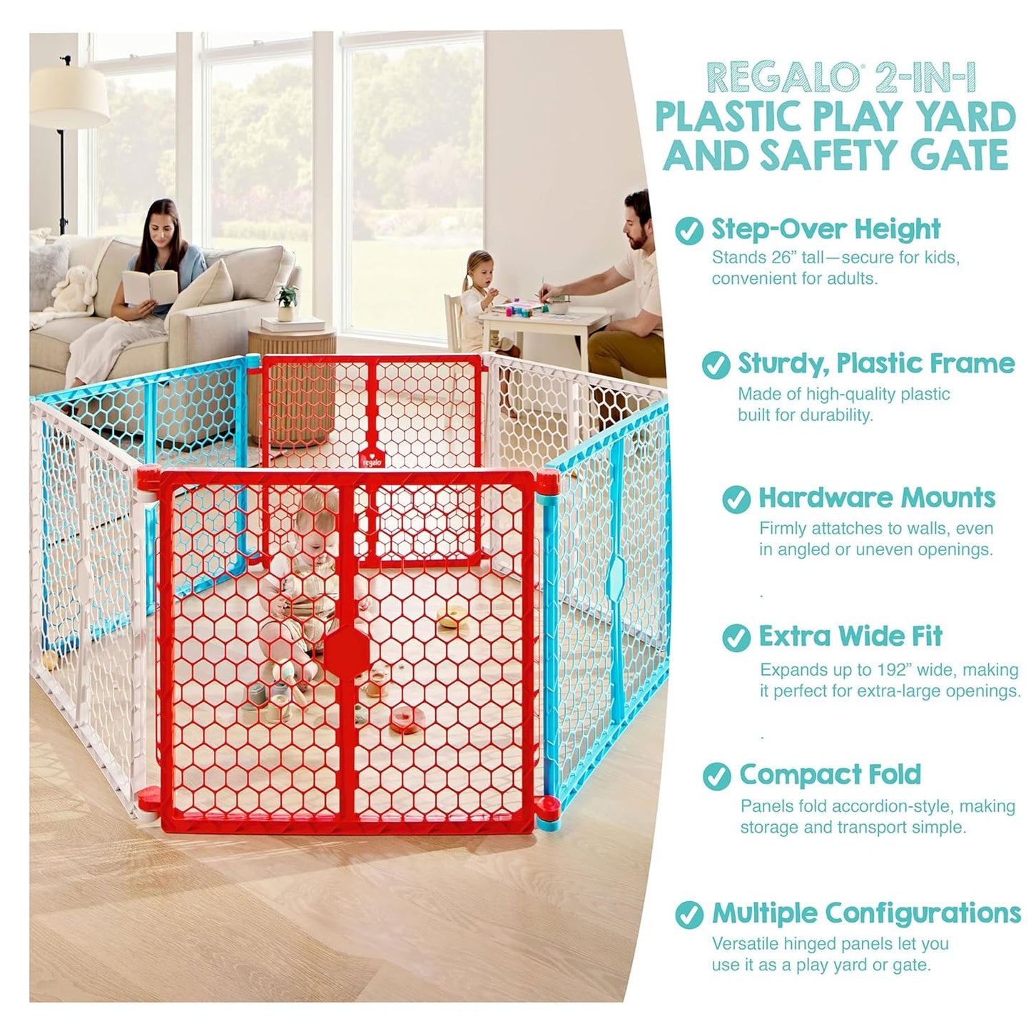 Safety 192" Plastic Super Wide Baby Gate & Play Yard with Door | Adjustable Playpen, For Doorways & Open Spaces, For Babies, Toddlers & Pets, Brown, Tested & Trusted for 30 Years