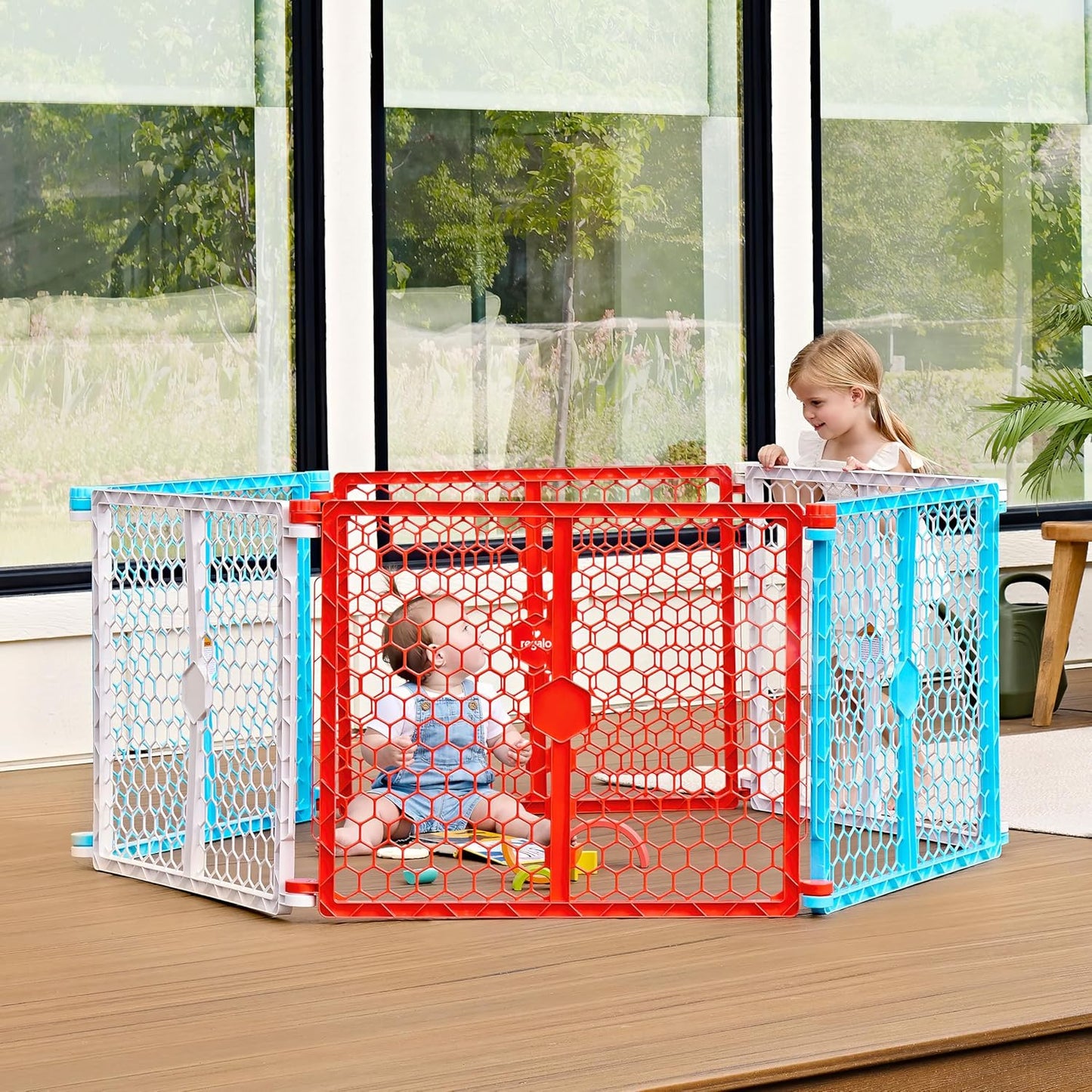 Safety 192" Plastic Super Wide Baby Gate & Play Yard with Door | Adjustable Playpen, For Doorways & Open Spaces, For Babies, Toddlers & Pets, Brown, Tested & Trusted for 30 Years