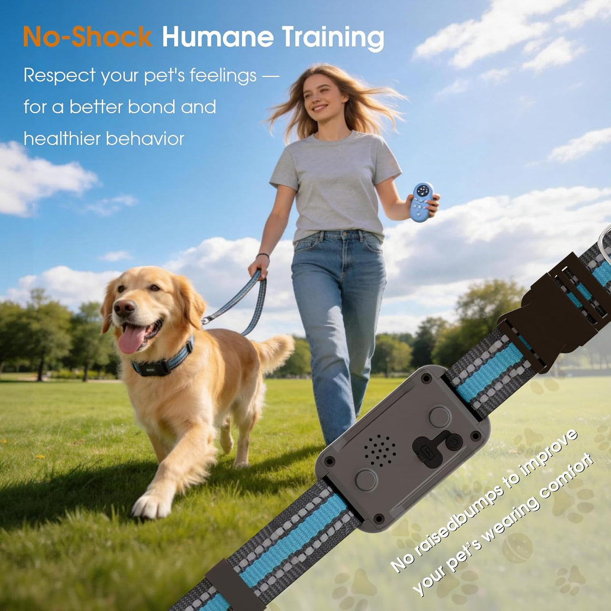 Humane Dog Training Collar with Remote – No Shock Beep & Vibration Collar for Dogs 5-100lbs, Night Walking Dog Trainer with Flashlight, 1300FT Range, IP67 Waterproof