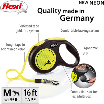 ® Neon Tape Retractable Dog Leash, Medium, 16 ft - Neon Yellow/Black