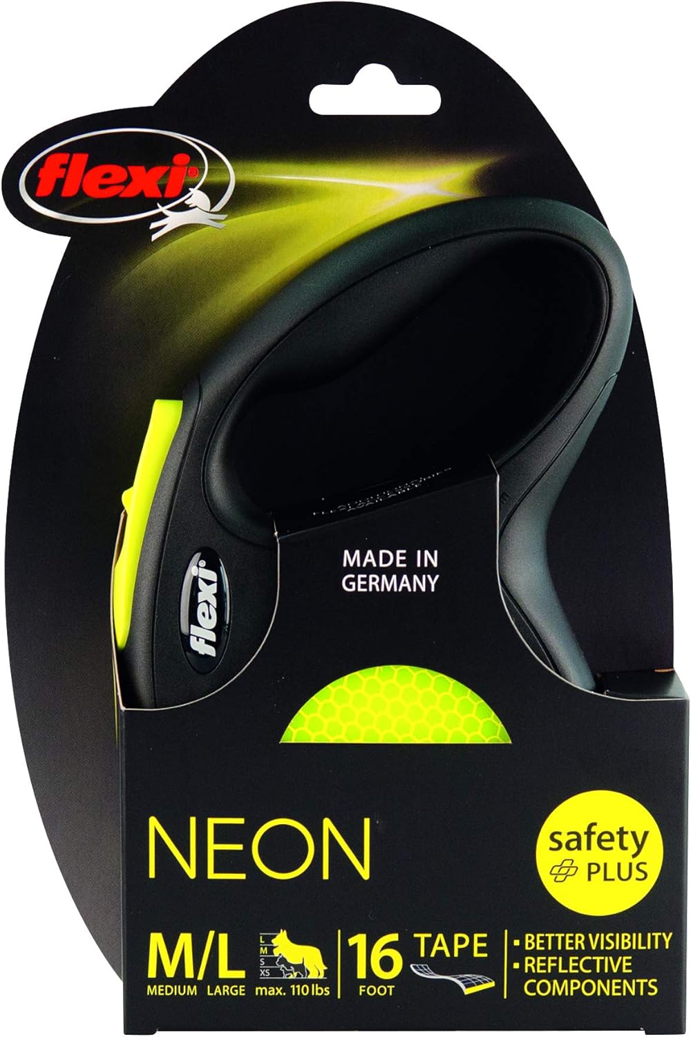 ® Neon Tape Retractable Dog Leash, Medium, 16 ft - Neon Yellow/Black