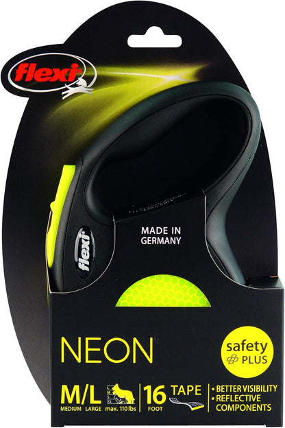 ® Neon Tape Retractable Dog Leash, Medium, 16 ft - Neon Yellow/Black