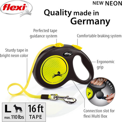 ® Neon Tape Retractable Dog Leash, Medium, 16 ft - Neon Yellow/Black