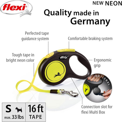 ® Neon Tape Retractable Dog Leash, Medium, 16 ft - Neon Yellow/Black