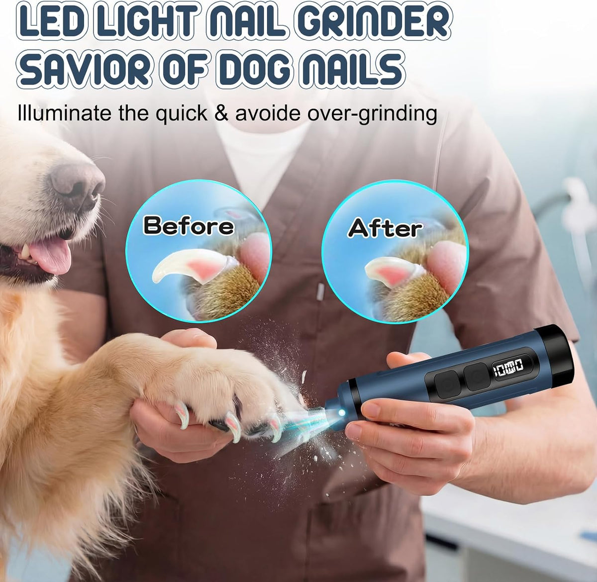Dog Nail Grinder Electric Powerful 3 Speeds Dog Nail Clippers with Lights Quiet Cat Nail Clipper Painless Care Trimmers Tools for Small Medium Large Dogs and Cats (Black)