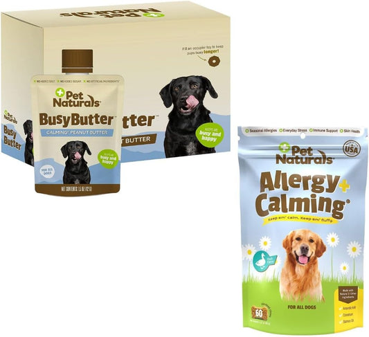 BusyButter Easy Squeeze Calming Peanut Butter for Dogs, 6 Pouches & Allergy Plus Calming Supplement for Dogs, 60 Chews