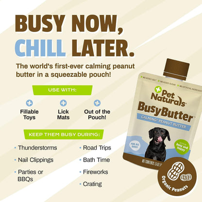 BusyButter Easy Squeeze Calming Peanut Butter for Dogs, 6 Pouches & Allergy Plus Calming Supplement for Dogs, 60 Chews