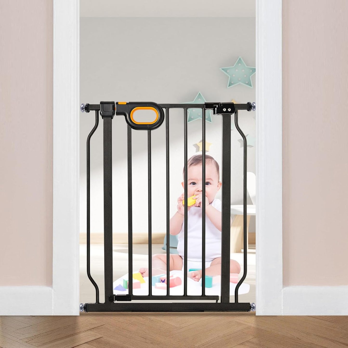 owlie Baby Gate with Door 66-75 Inch, Extra Wide Stair Gates for Kids Adjustable Wide Dog Pet Gate Stairway Large Baby Gates Pressure Mount for Pets for House Stairway Doorway White (30.5'' Tall)
