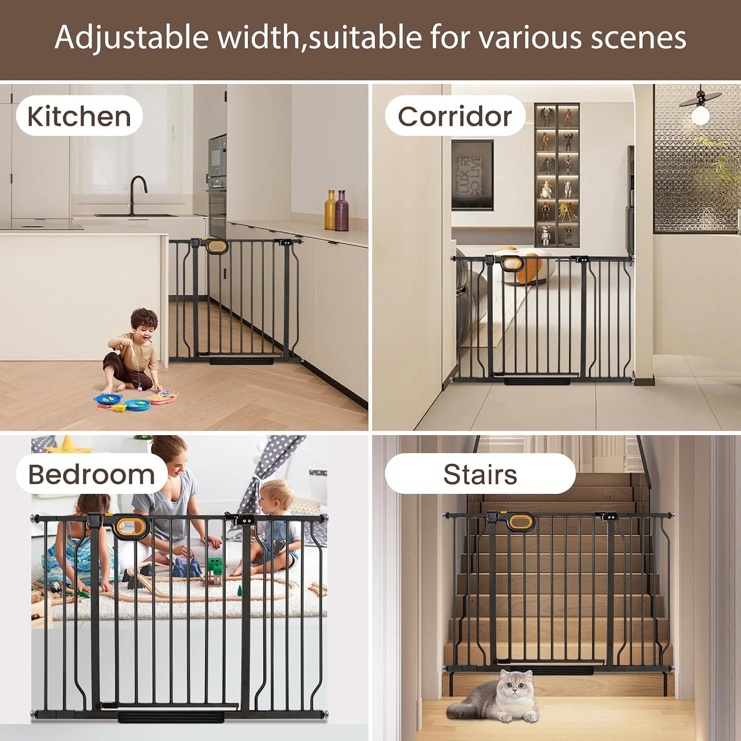 owlie Baby Gate with Door 66-75 Inch, Extra Wide Stair Gates for Kids Adjustable Wide Dog Pet Gate Stairway Large Baby Gates Pressure Mount for Pets for House Stairway Doorway White (30.5'' Tall)