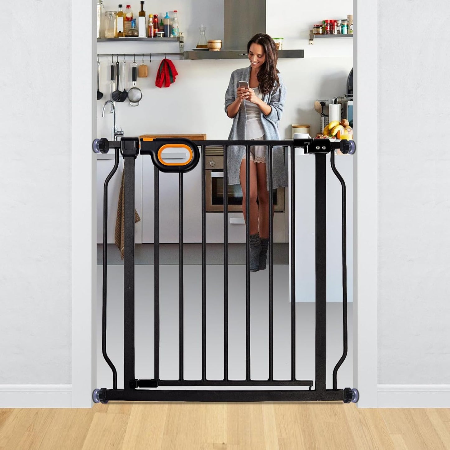 owlie Baby Gate with Door 66-75 Inch, Extra Wide Stair Gates for Kids Adjustable Wide Dog Pet Gate Stairway Large Baby Gates Pressure Mount for Pets for House Stairway Doorway White (30.5'' Tall)