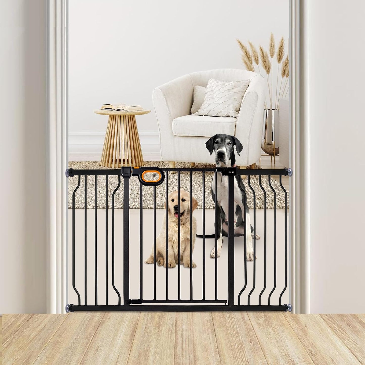 owlie Baby Gate with Door 66-75 Inch, Extra Wide Stair Gates for Kids Adjustable Wide Dog Pet Gate Stairway Large Baby Gates Pressure Mount for Pets for House Stairway Doorway White (30.5'' Tall)