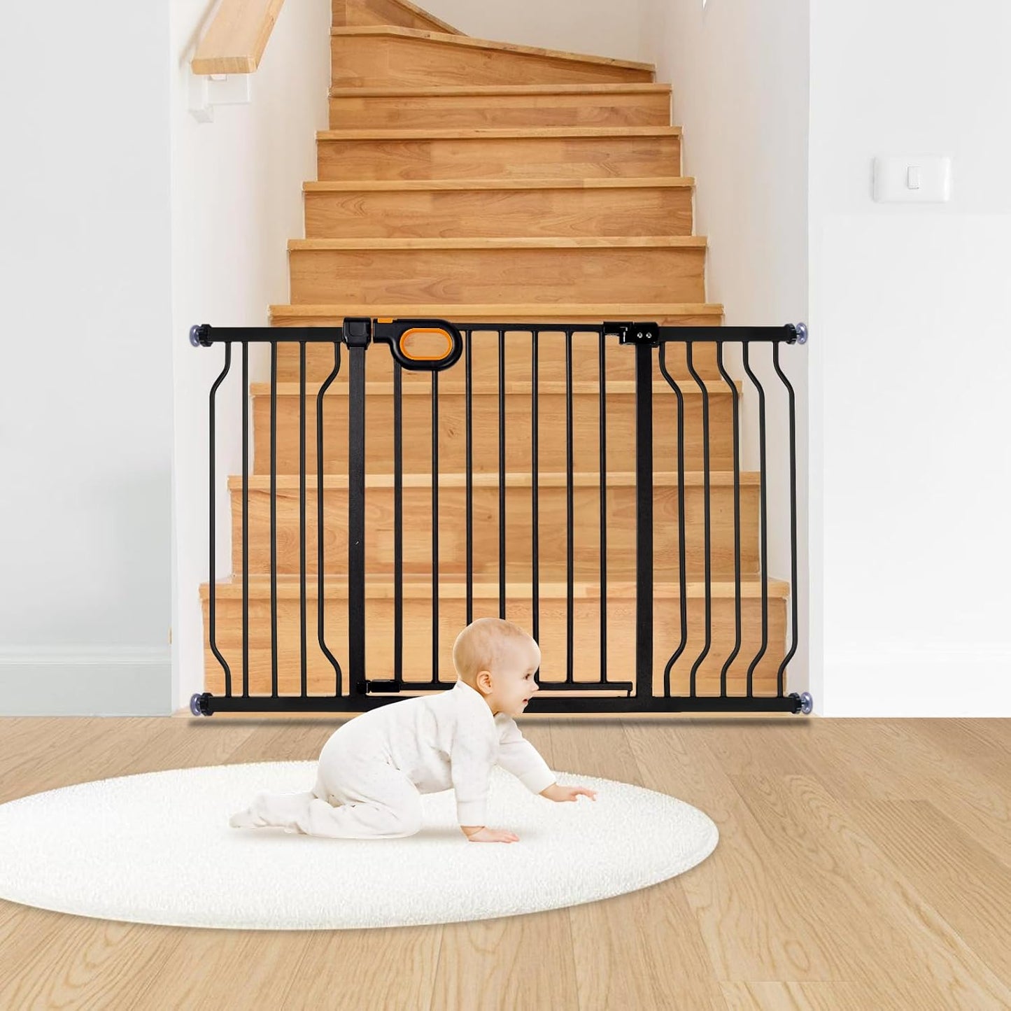 owlie Baby Gate with Door 66-75 Inch, Extra Wide Stair Gates for Kids Adjustable Wide Dog Pet Gate Stairway Large Baby Gates Pressure Mount for Pets for House Stairway Doorway White (30.5'' Tall)