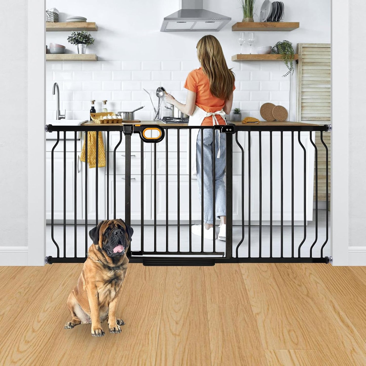 owlie Baby Gate with Door 66-75 Inch, Extra Wide Stair Gates for Kids Adjustable Wide Dog Pet Gate Stairway Large Baby Gates Pressure Mount for Pets for House Stairway Doorway White (30.5'' Tall)