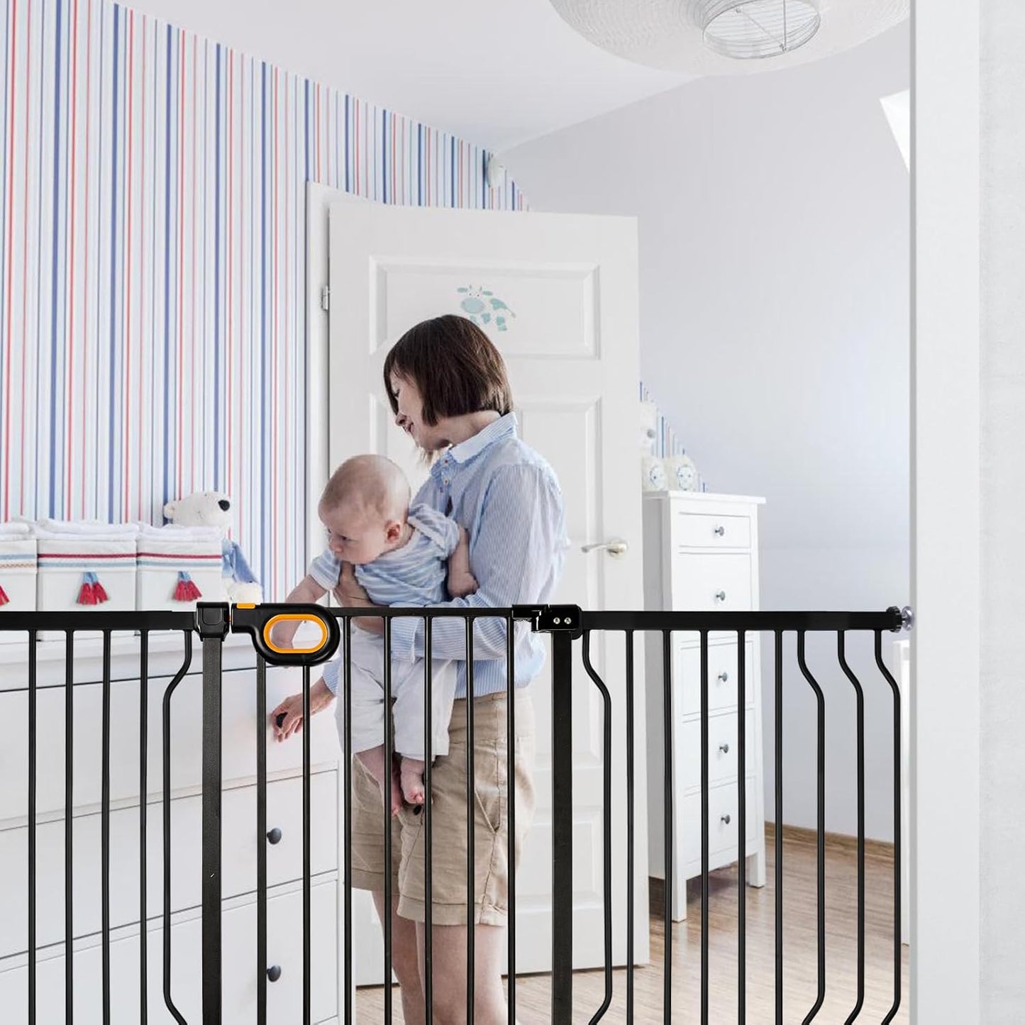 owlie Baby Gate with Door 66-75 Inch, Extra Wide Stair Gates for Kids Adjustable Wide Dog Pet Gate Stairway Large Baby Gates Pressure Mount for Pets for House Stairway Doorway White (30.5'' Tall)