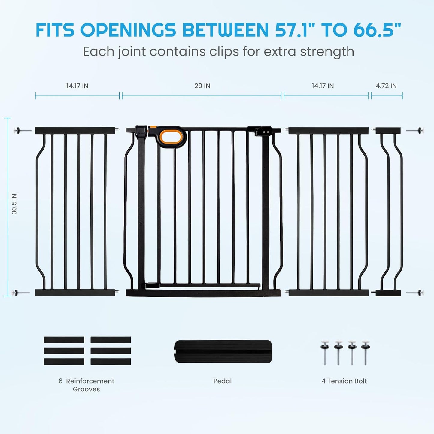 owlie Baby Gate with Door 66-75 Inch, Extra Wide Stair Gates for Kids Adjustable Wide Dog Pet Gate Stairway Large Baby Gates Pressure Mount for Pets for House Stairway Doorway White (30.5'' Tall)