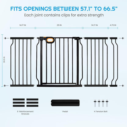 owlie Baby Gate with Door 66-75 Inch, Extra Wide Stair Gates for Kids Adjustable Wide Dog Pet Gate Stairway Large Baby Gates Pressure Mount for Pets for House Stairway Doorway White (30.5'' Tall)