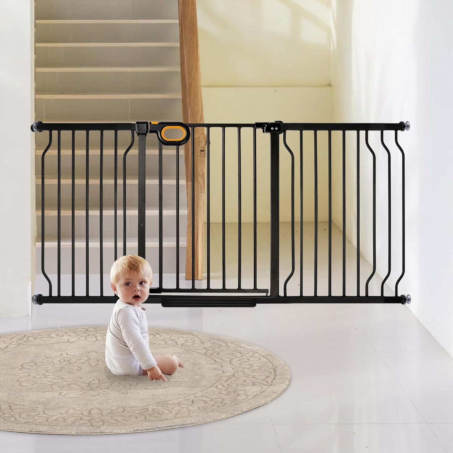 owlie Baby Gate with Door 66-75 Inch, Extra Wide Stair Gates for Kids Adjustable Wide Dog Pet Gate Stairway Large Baby Gates Pressure Mount for Pets for House Stairway Doorway White (30.5'' Tall)
