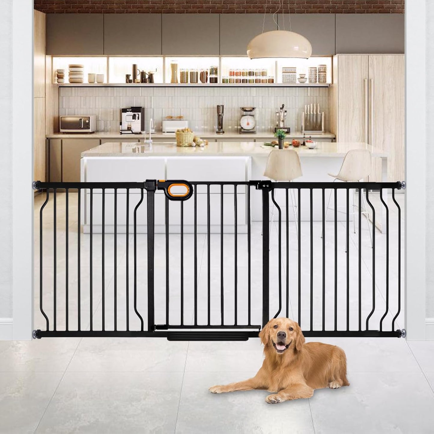 owlie Baby Gate with Door 66-75 Inch, Extra Wide Stair Gates for Kids Adjustable Wide Dog Pet Gate Stairway Large Baby Gates Pressure Mount for Pets for House Stairway Doorway White (30.5'' Tall)