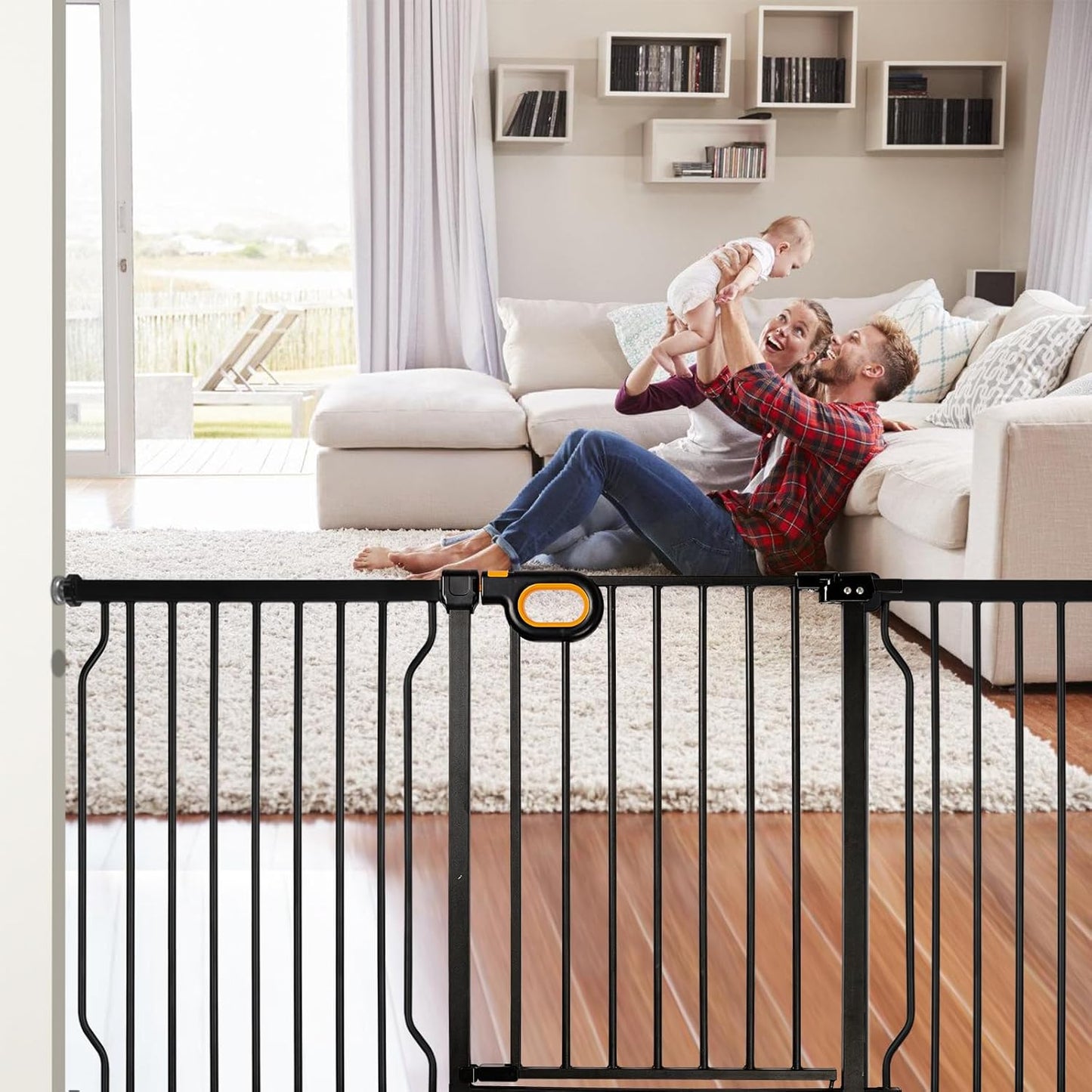 owlie Baby Gate with Door 66-75 Inch, Extra Wide Stair Gates for Kids Adjustable Wide Dog Pet Gate Stairway Large Baby Gates Pressure Mount for Pets for House Stairway Doorway White (30.5'' Tall)