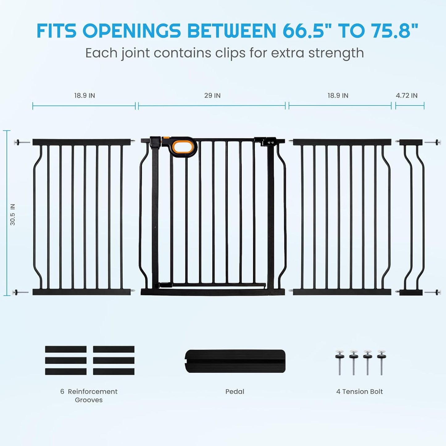owlie Baby Gate with Door 66-75 Inch, Extra Wide Stair Gates for Kids Adjustable Wide Dog Pet Gate Stairway Large Baby Gates Pressure Mount for Pets for House Stairway Doorway White (30.5'' Tall)