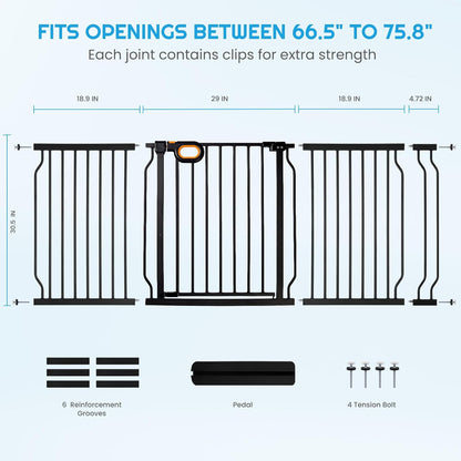 owlie Baby Gate with Door 66-75 Inch, Extra Wide Stair Gates for Kids Adjustable Wide Dog Pet Gate Stairway Large Baby Gates Pressure Mount for Pets for House Stairway Doorway White (30.5'' Tall)