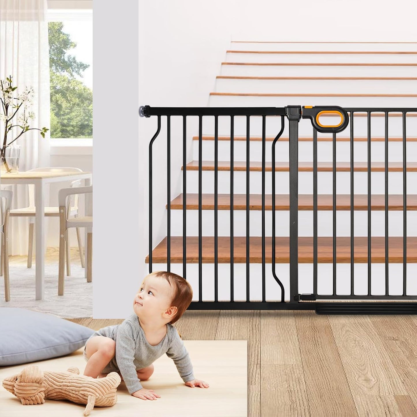owlie Baby Gate with Door 66-75 Inch, Extra Wide Stair Gates for Kids Adjustable Wide Dog Pet Gate Stairway Large Baby Gates Pressure Mount for Pets for House Stairway Doorway White (30.5'' Tall)