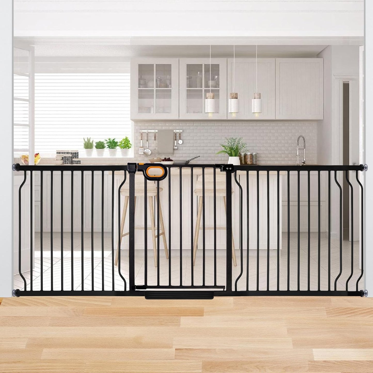 owlie Baby Gate with Door 66-75 Inch, Extra Wide Stair Gates for Kids Adjustable Wide Dog Pet Gate Stairway Large Baby Gates Pressure Mount for Pets for House Stairway Doorway White (30.5'' Tall)