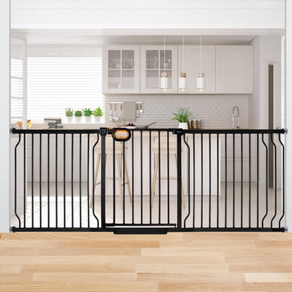 owlie Baby Gate with Door 66-75 Inch, Extra Wide Stair Gates for Kids Adjustable Wide Dog Pet Gate Stairway Large Baby Gates Pressure Mount for Pets for House Stairway Doorway White (30.5'' Tall)