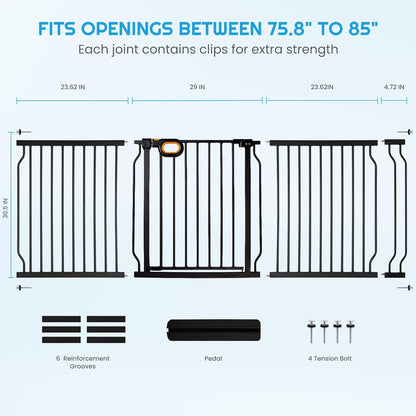 owlie Baby Gate with Door 66-75 Inch, Extra Wide Stair Gates for Kids Adjustable Wide Dog Pet Gate Stairway Large Baby Gates Pressure Mount for Pets for House Stairway Doorway White (30.5'' Tall)