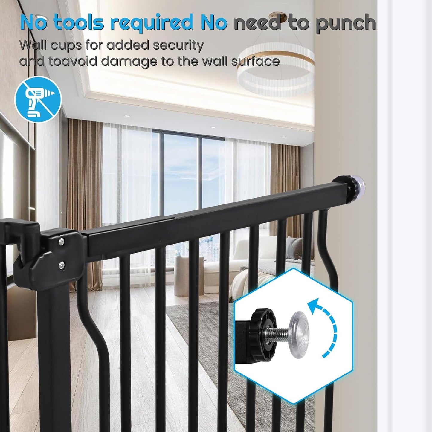 owlie Baby Gate with Door 66-75 Inch, Extra Wide Stair Gates for Kids Adjustable Wide Dog Pet Gate Stairway Large Baby Gates Pressure Mount for Pets for House Stairway Doorway White (30.5'' Tall)