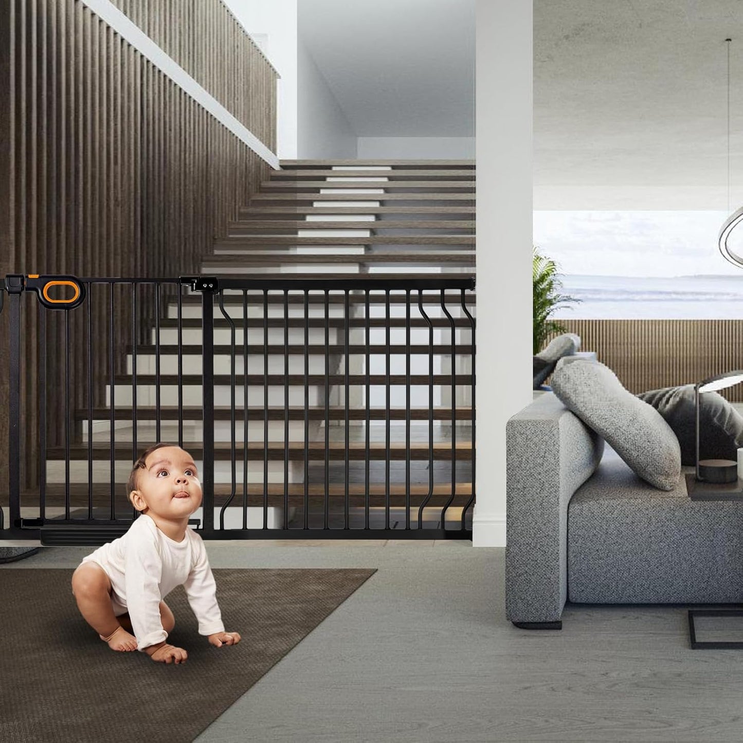 owlie Baby Gate with Door 66-75 Inch, Extra Wide Stair Gates for Kids Adjustable Wide Dog Pet Gate Stairway Large Baby Gates Pressure Mount for Pets for House Stairway Doorway White (30.5'' Tall)