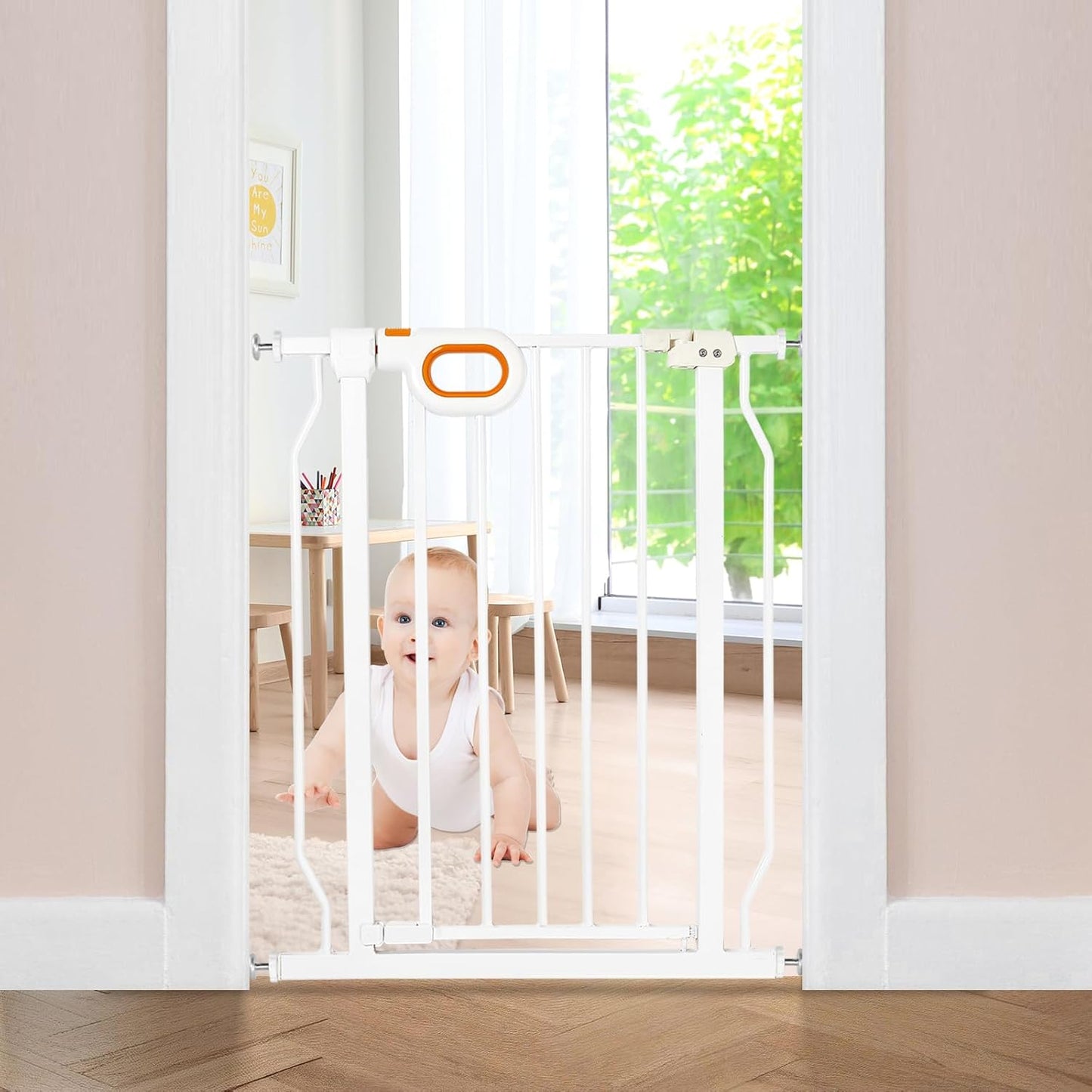 owlie Baby Gate with Door 66-75 Inch, Extra Wide Stair Gates for Kids Adjustable Wide Dog Pet Gate Stairway Large Baby Gates Pressure Mount for Pets for House Stairway Doorway White (30.5'' Tall)