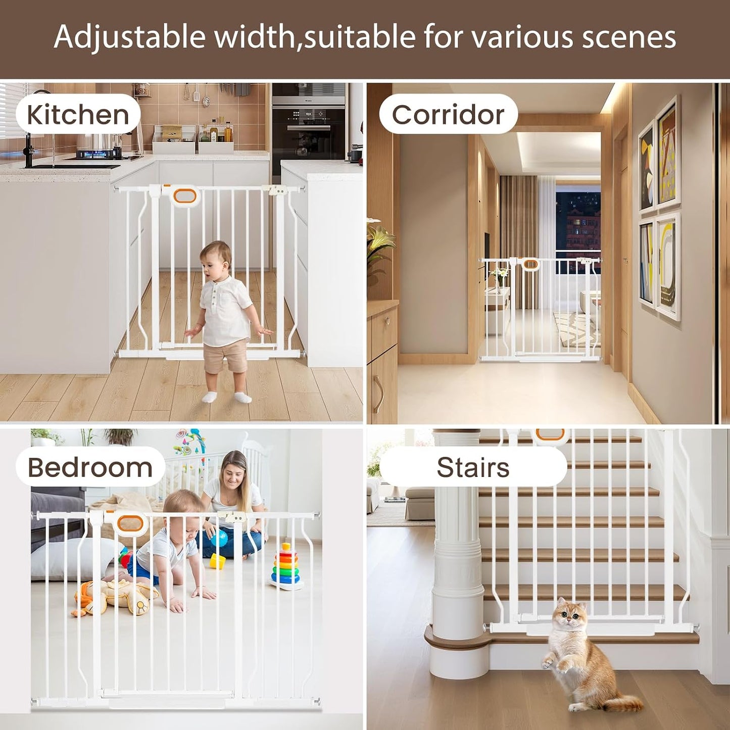 owlie Baby Gate with Door 66-75 Inch, Extra Wide Stair Gates for Kids Adjustable Wide Dog Pet Gate Stairway Large Baby Gates Pressure Mount for Pets for House Stairway Doorway White (30.5'' Tall)