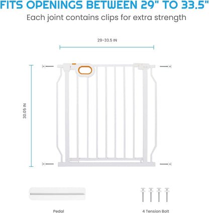 owlie Baby Gate with Door 66-75 Inch, Extra Wide Stair Gates for Kids Adjustable Wide Dog Pet Gate Stairway Large Baby Gates Pressure Mount for Pets for House Stairway Doorway White (30.5'' Tall)