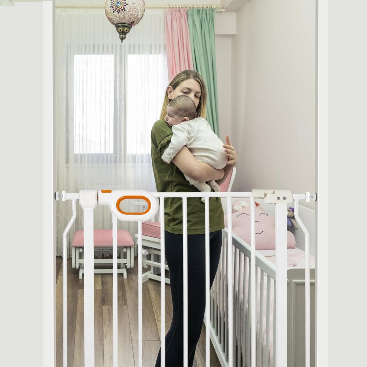 owlie Baby Gate with Door 66-75 Inch, Extra Wide Stair Gates for Kids Adjustable Wide Dog Pet Gate Stairway Large Baby Gates Pressure Mount for Pets for House Stairway Doorway White (30.5'' Tall)