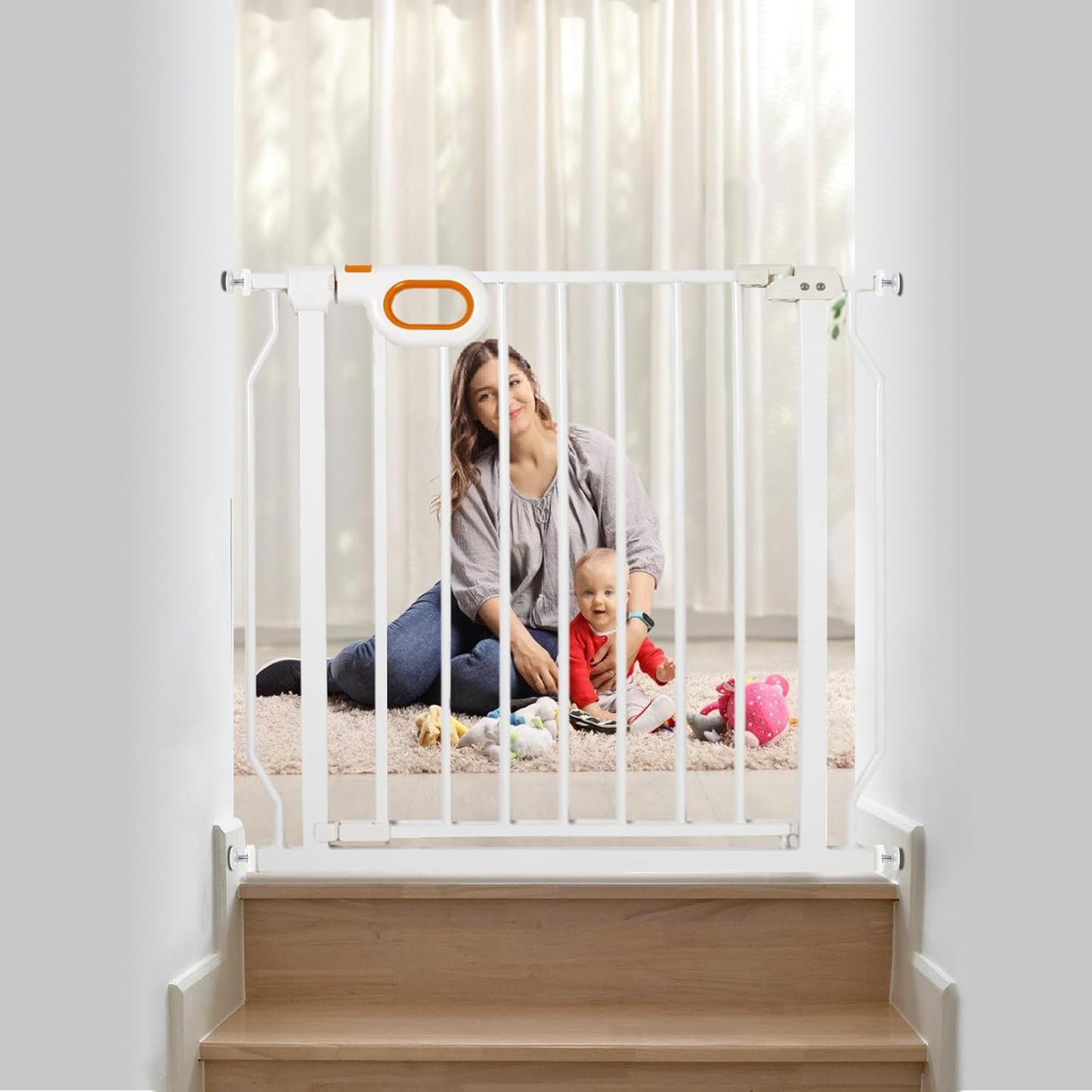 owlie Baby Gate with Door 66-75 Inch, Extra Wide Stair Gates for Kids Adjustable Wide Dog Pet Gate Stairway Large Baby Gates Pressure Mount for Pets for House Stairway Doorway White (30.5'' Tall)