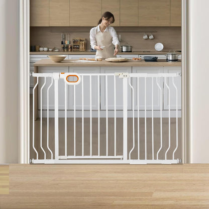 owlie Baby Gate with Door 66-75 Inch, Extra Wide Stair Gates for Kids Adjustable Wide Dog Pet Gate Stairway Large Baby Gates Pressure Mount for Pets for House Stairway Doorway White (30.5'' Tall)