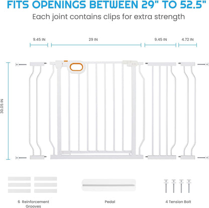 owlie Baby Gate with Door 66-75 Inch, Extra Wide Stair Gates for Kids Adjustable Wide Dog Pet Gate Stairway Large Baby Gates Pressure Mount for Pets for House Stairway Doorway White (30.5'' Tall)