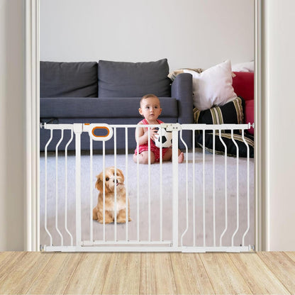 owlie Baby Gate with Door 66-75 Inch, Extra Wide Stair Gates for Kids Adjustable Wide Dog Pet Gate Stairway Large Baby Gates Pressure Mount for Pets for House Stairway Doorway White (30.5'' Tall)