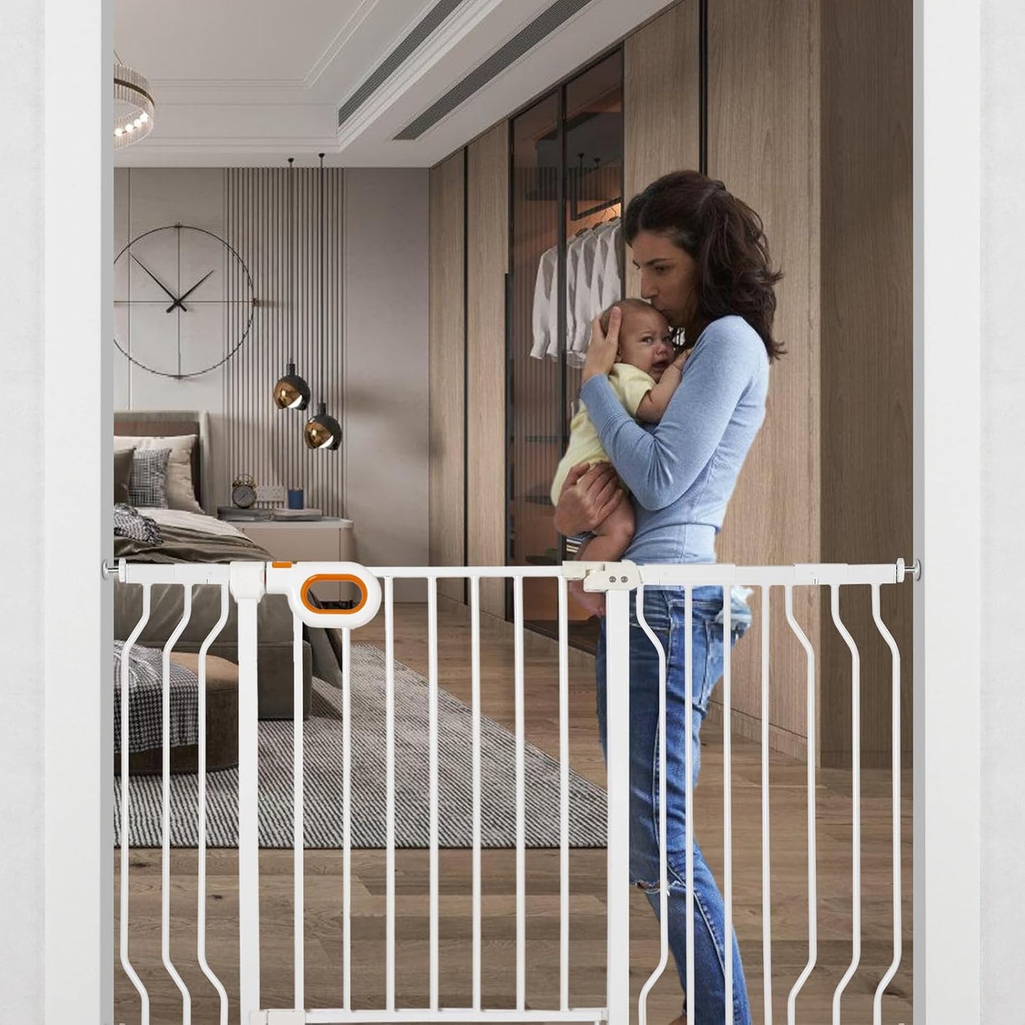 owlie Baby Gate with Door 66-75 Inch, Extra Wide Stair Gates for Kids Adjustable Wide Dog Pet Gate Stairway Large Baby Gates Pressure Mount for Pets for House Stairway Doorway White (30.5'' Tall)