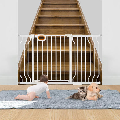 owlie Baby Gate with Door 66-75 Inch, Extra Wide Stair Gates for Kids Adjustable Wide Dog Pet Gate Stairway Large Baby Gates Pressure Mount for Pets for House Stairway Doorway White (30.5'' Tall)