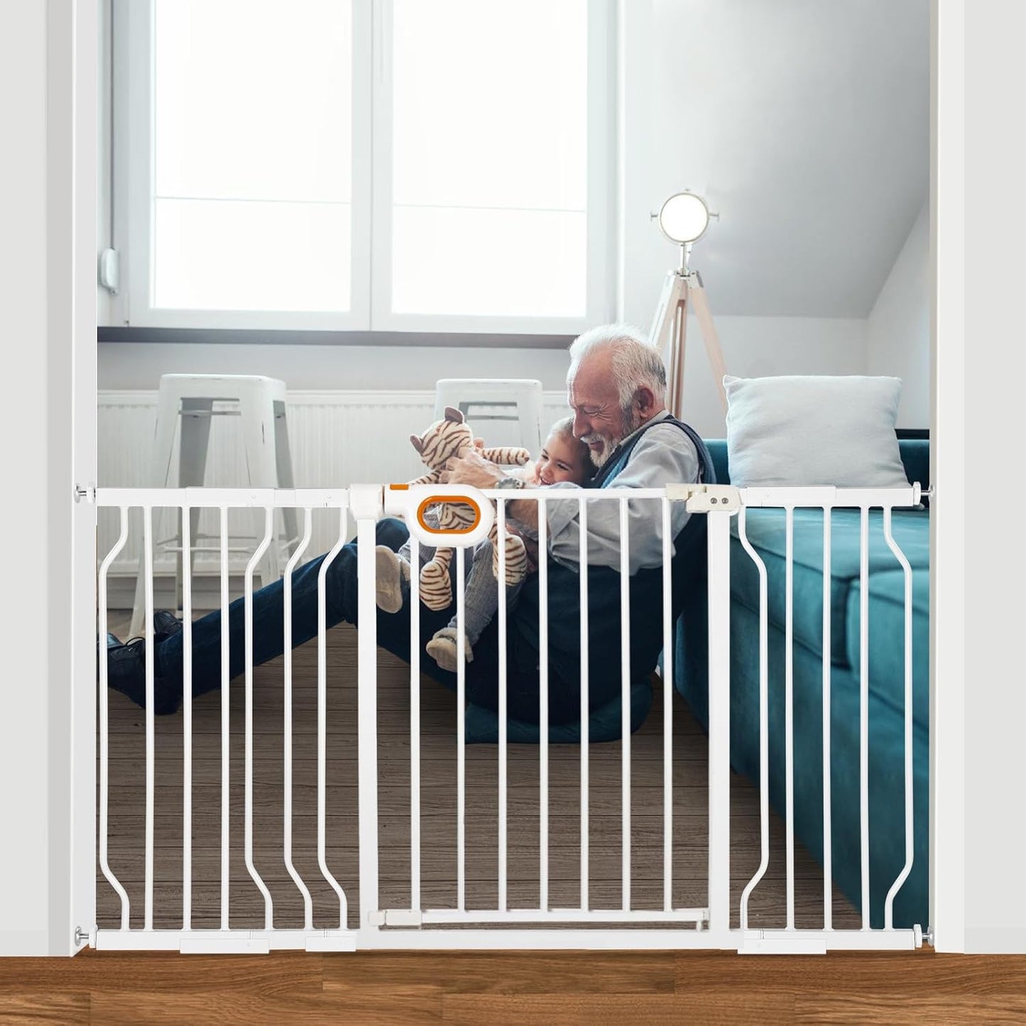 owlie Baby Gate with Door 66-75 Inch, Extra Wide Stair Gates for Kids Adjustable Wide Dog Pet Gate Stairway Large Baby Gates Pressure Mount for Pets for House Stairway Doorway White (30.5'' Tall)